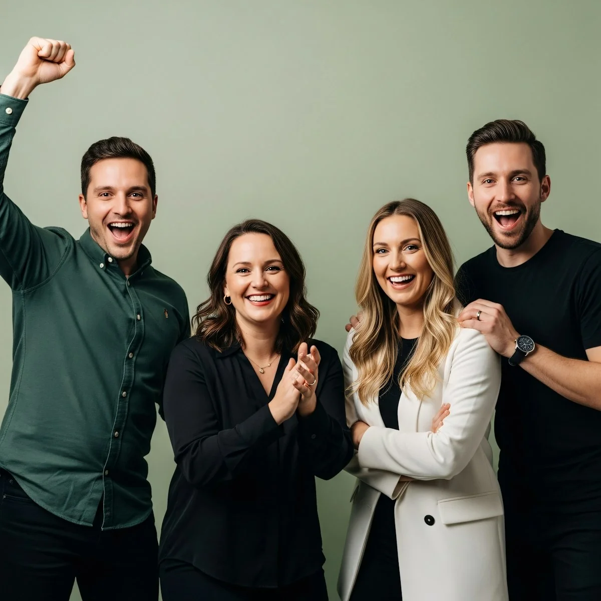 Four diverse business professionals smiling, celebrating success. A man with fist raised, others clapping and smiling.