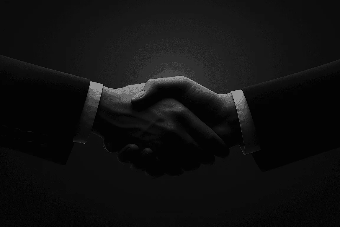 Two business people shaking hands. Partnership, deal, agreement, success or teamwork concept. Dark blue color.