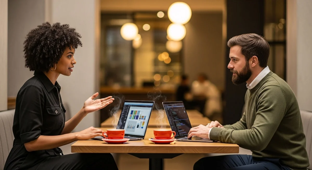 Two people working on laptops at a cafe, discussing something with coffee cups on the table.